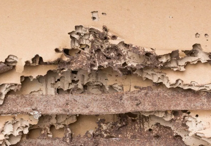 Close-up of termite-damaged wood, its layers eaten away into ragged galleries.